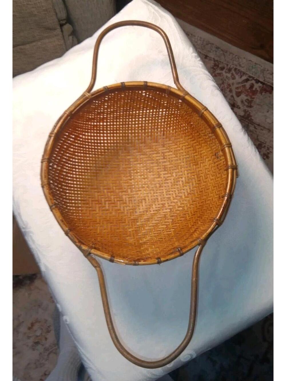 Vintage Thai Handicraft Bamboo & Rattan Fine Mesh Strainer Basket
